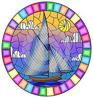 Stained glass illustration with an old ship sailing with light sails against the sea,  oval image in a bright frame