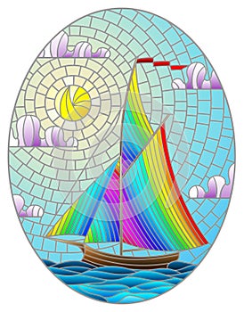 Stained glass illustration with  an old ship sailing with rainbow sails against the sea,  oval image