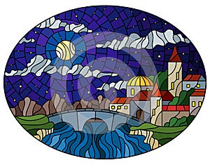 Stained glass illustration with  the old town and bridge over a river with mountains on the background of starry sky and moon, ova