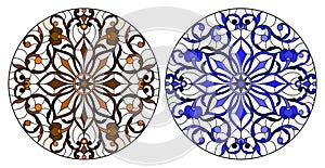 Stained glass illustration with ound floral arrangements, blue and brown