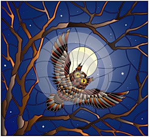 Stained glass illustration painting with the owl in the night starry sky and moon in between the branches of the tree