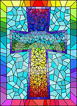 Stained glass illustration painting on religious themes, stained glass window in the shape of a rainbow Christian cross , on a bl