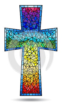 Stained glass illustration painting on religious themes, stained glass window in the shape of a rainbow Christian cross , isolated