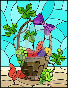 Stained glass illustration painting with a still life, fruit basket, and fruits on a blue background