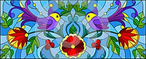 Stained glass illustration with a pair of abstract purple birds , flowers and patterns on a blue background , horizontal image