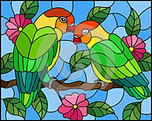 Stained glass illustration with pair of birds parrots lovebirds on branch tree with pink flowers against the sky