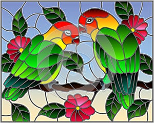 Stained glass illustration with pair of birds parrots lovebirds on branch tree with pink flowers against the sky