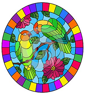 Stained glass illustration with pair of birds parrots lovebirds on branch tree with pink flowers against the sky, oval image i