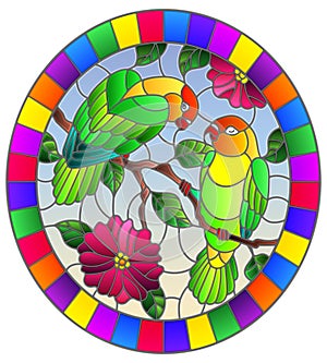 Stained glass illustration with  pair of birds parrots lovebirds on branch  tree with pink   flowers against the sky, oval image i