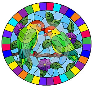 Stained glass illustration with pair of birds parrots lovebirds on branch tree with purple flowers against the sky, oval image