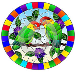 Stained glass illustration  with pair of birds parrots lovebirds on branch  tree with purple  flowers against the sky, oval image
