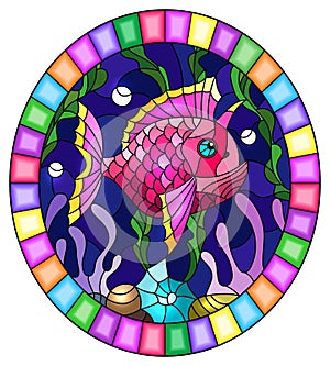 Stained glass illustration with a pair bright pink  fish on the background of water and algae,oval picture in a bright frame