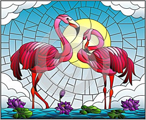Stained glass illustration with pair of Flamingo , Lotus flowers and reeds on a pond in the sun, sky and clouds