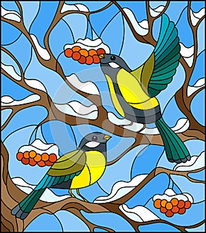 Stained glass illustration with a pair of great Tits birds on the branches photo