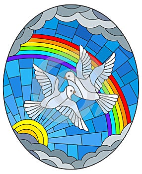 Stained glass illustration with  a pair of pigeons on the background of a rainbow, sun and cloudy sky