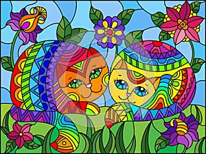 Stained glass illustration with a pair of rainbow cute cats on a background of meadows, bright flowers and sky