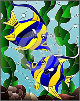 Stained glass illustration with a pair of striped yellow-blue fishes on the background of water and algae