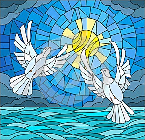 Stained glass illustration with a pair of white doves on the background of the daytime sky, water and clouds