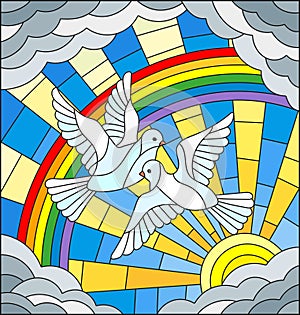 Stained glass illustration with a pair of white pigeons is not the background of the Sunny sky , rainbow and clouds