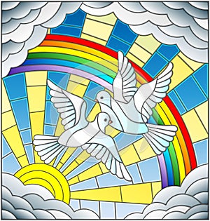 Stained glass illustration with a pair of white pigeons is not the background of the Sunny sky , rainbow and clouds