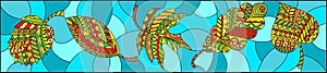 Stained glass illustration with patterned autumn leaves on turquoise background , horizontal orientation