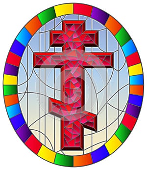 Stained glass illustration with a pink cross on an abstract blue background, oval picture frame in bright