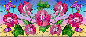 Stained glass illustration with pink flowers and butterflies on a sky background, horizontal orientation