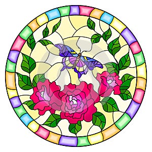 Stained glass illustration with pink flowers and leaves of pink rose, and purple butterfly round picture in a bright frame
