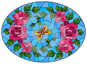 Stained glass illustration with  pink flowers and leaves of  rose, and orange butterfly on a blue background, oval image