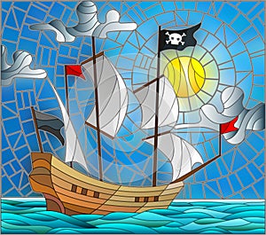 Stained glass illustration with a pirate ship in the sun, a cloudy sky and ocean