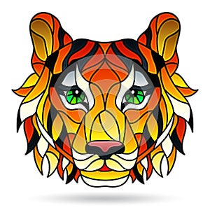Stained glass illustration with a portrait of a tiger, muzzle isolated on a white background