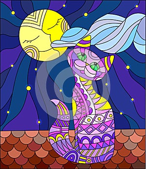 Stained glass illustration with purple cat sitting on the roof of the house in the background of the moon and the sky