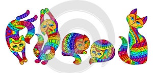 Stained glass illustration with  rainbow cats , isolated images on white background