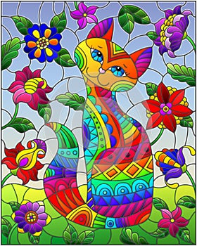 Stained glass illustration with  a   rainbow cute cat on a background of meadows, bright flowers and sky