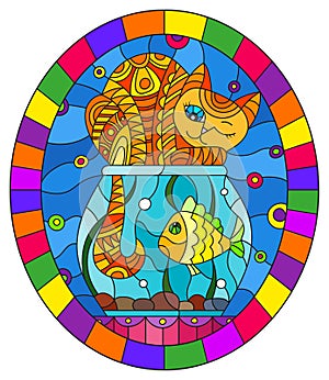 Stained glass illustration with  red abstract cat and goldfish in the aquarium , oval picture frame in bright