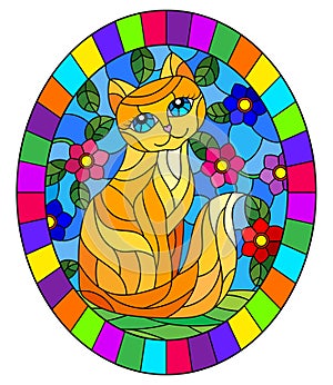 Stained glass illustration with  a   red  cute cat on a background of meadows, bright flowers and sky, oval image in bright frame