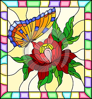 Stained glass illustration with a red flower and bright orange butterfly on a yellow background in a bright frame