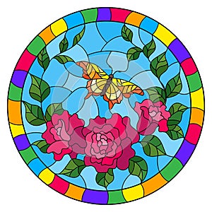 Stained glass illustration with red flowers and leaves of pink rose, and yellow butterfly round picture in a bright frame
