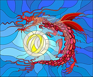 Stained glass illustration with red, winged dragon and a sun in the sky