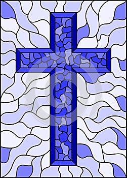 Stained glass illustration with on religious themes, stained glass window with a  Christian cross , monochrome, tone blue