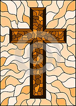 Stained glass illustration  on religious themes, stained glass window with a  Christian cross , tone brown, sepia