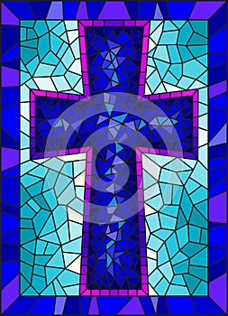 Stained glass illustration on religious themes, stained glass window in the shape of a blue Christian cross , on a blue backgro