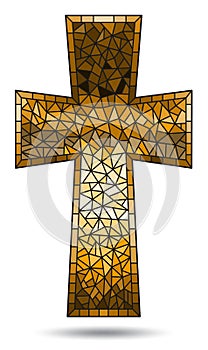 Stained glass illustration on religious themes, stained glass window in the shape of a brown Christian cross , isolated on white b