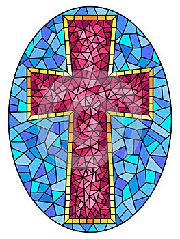 Stained glass illustration on religious themes, stained glass window in the shape of a pink Christian cross , on a blue backgroun