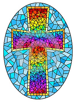 Stained glass illustration on religious themes, stained glass window in the shape of a rainbow Christian cross , on a blue backgro