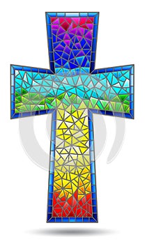 Stained glass illustration on religious themes, stained glass window in the shape of a rainbow Christian cross , isolated on white