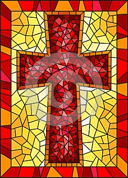 Stained glass illustration on religious themes, stained glass window in the shape of a red Christian cross , on a yellow backgroun