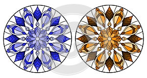 Stained glass illustration with round floral arrangements, blue and brown tone