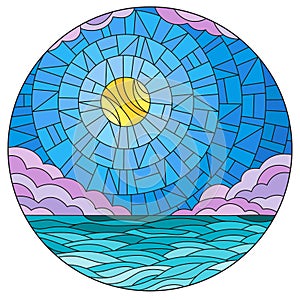 Stained glass illustration with  sea landscape, sea, cloud, sky and sun, round image