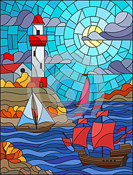 Stained glass illustration with sea view, three ships and a shore with a lighthouse in the background of day cloud sky sun and se